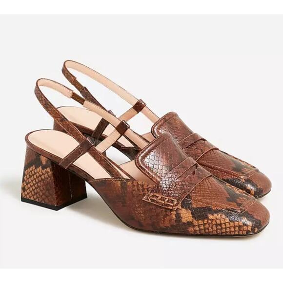 J. Crew Shoes - J.Crew Layne Slingback Loafer Heels 2” Snake Embossed Leather Size 8 Brown
